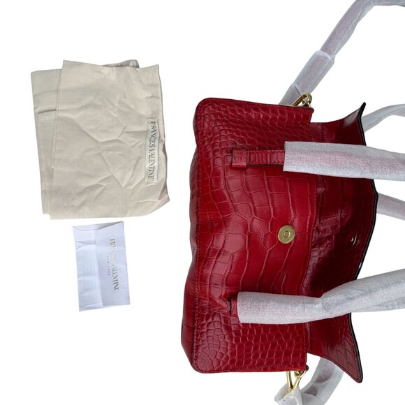 Frances Valentine Red Croc-Embossed Leather Shoulder Bag Long Strap Snap Closure - Picture 10 of 15